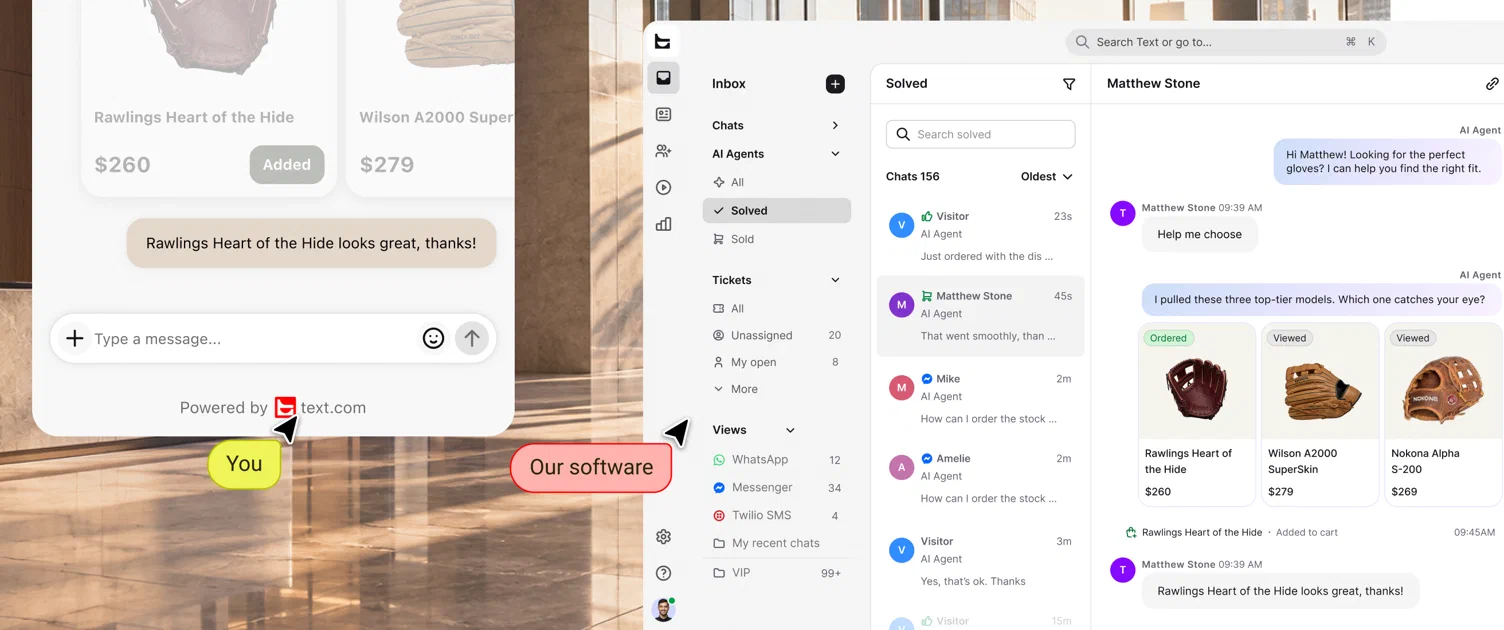 A chat widget with the Powered by Text badge, labelled You, next to the Text inbox, labelled Our software, where AI Agent recommends three baseball gloves and the customer adds one to their cart.