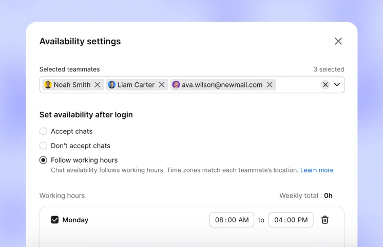 Availability settings with three teammates set to follow working hours and a Monday shift from 8:00 AM to 4:00 PM