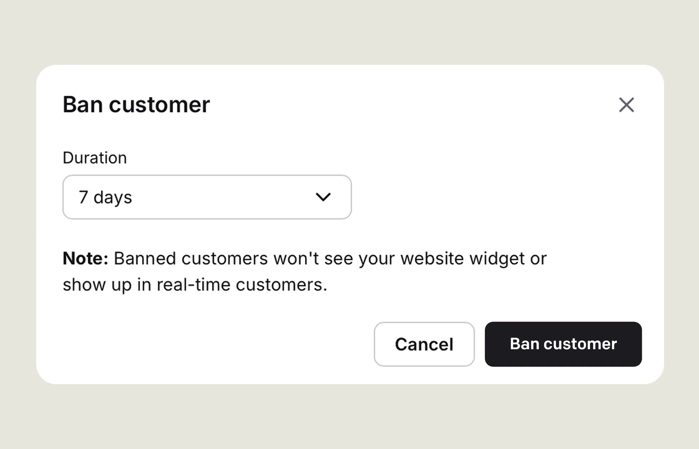 Ban customer dialog with a 7-day duration and a note that banned customers will not see the website widget