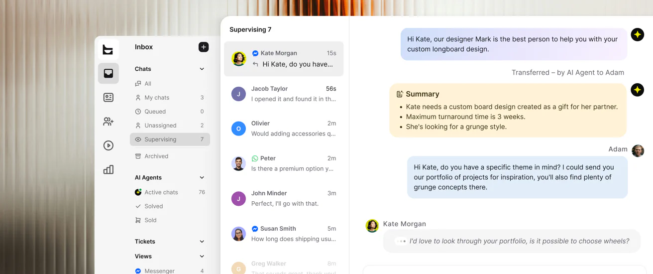 Text inbox with supervised chats and an AI Agent handing a conversation to a teammate with a summary