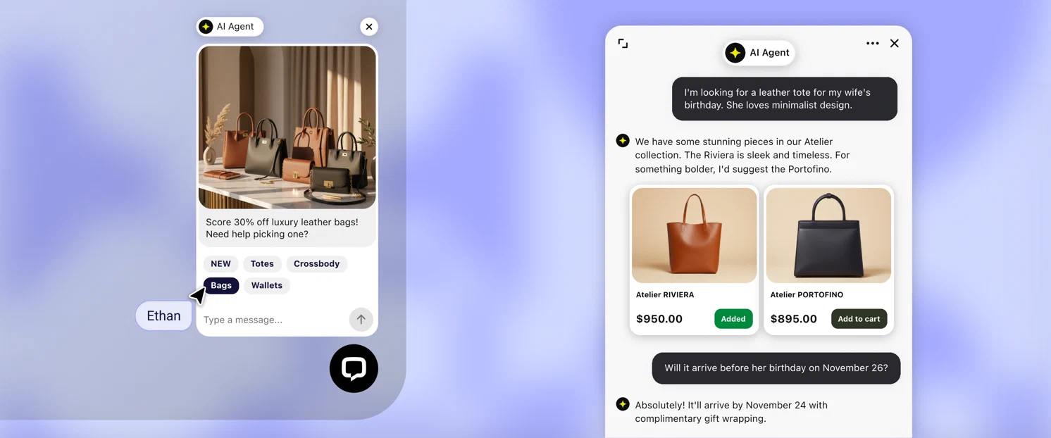 Text chat widget offering 30% off leather bags with category buttons, and the AI Agent recommending two totes with prices and Add to cart buttons
