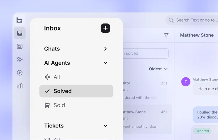 Text Inbox sidebar with Chats, AI Agents, and Tickets sections, with the AI Agent Solved folder selected