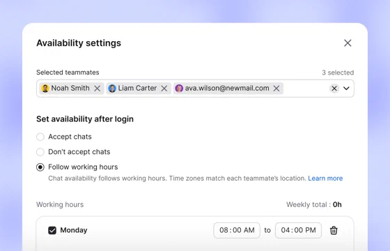 Text Availability settings with three teammates selected, Follow working hours chosen, and Monday hours set from 8:00 AM to 4:00 PM