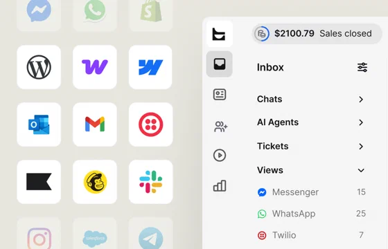 App logos including WhatsApp, Gmail, Outlook, and Twilio next to the Text Inbox with Messenger, WhatsApp, and Twilio views
