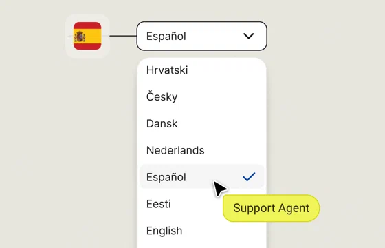 Text chat widget language list with Español selected next to a Spanish flag