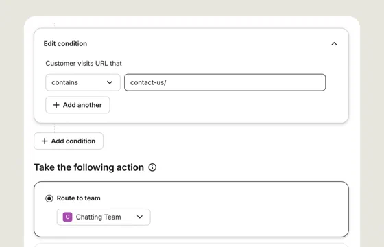 Text routing rule that sends chats from visitors on a URL containing contact-us to the Chatting Team