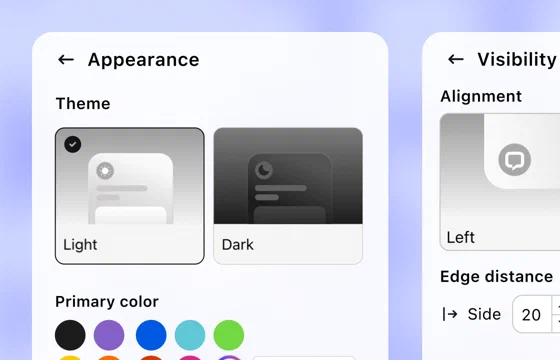 Text widget Appearance settings with Light and Dark theme previews and primary color swatches, next to Visibility alignment settings