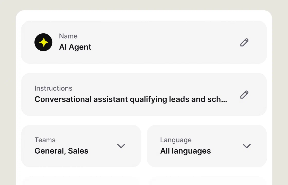 Text AI Agent settings with its name, instructions, the General and Sales teams, and All languages selected
