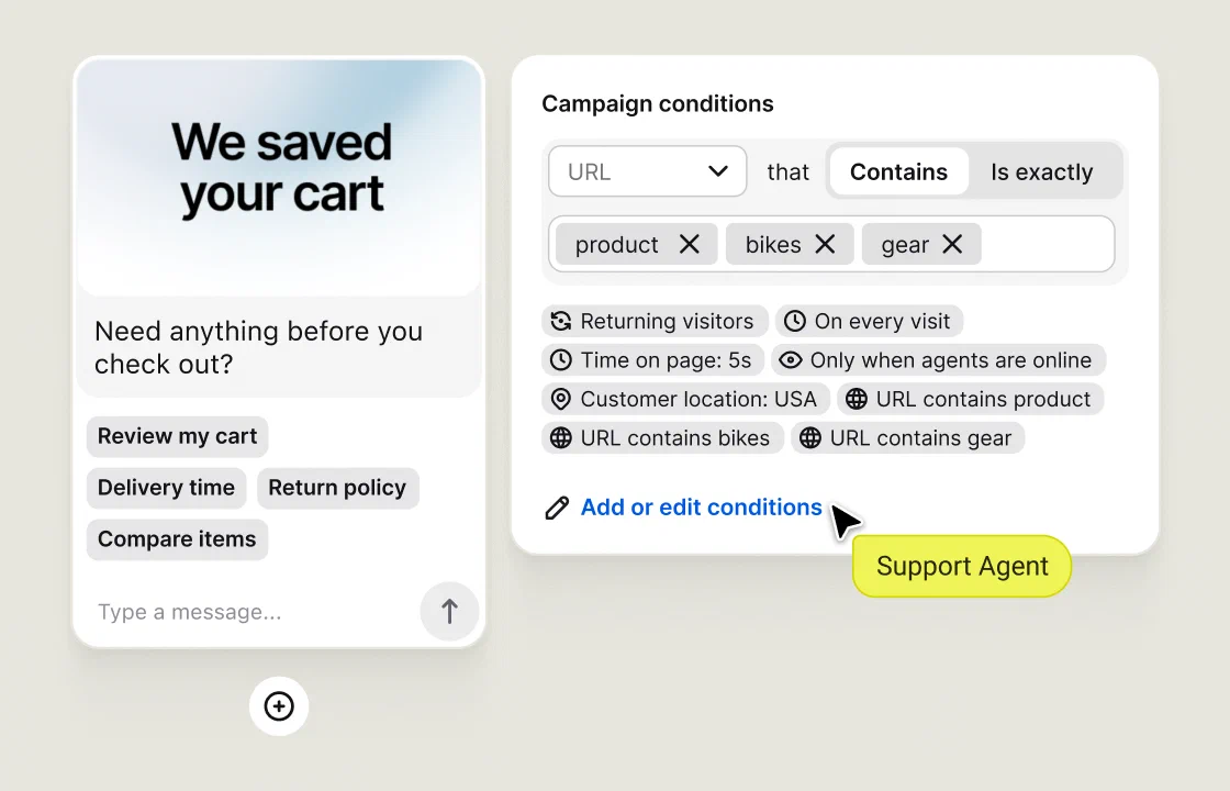 Text campaign with a We saved your cart greeting shown to returning visitors after 5 seconds on pages whose URL contains product, bikes, or gear