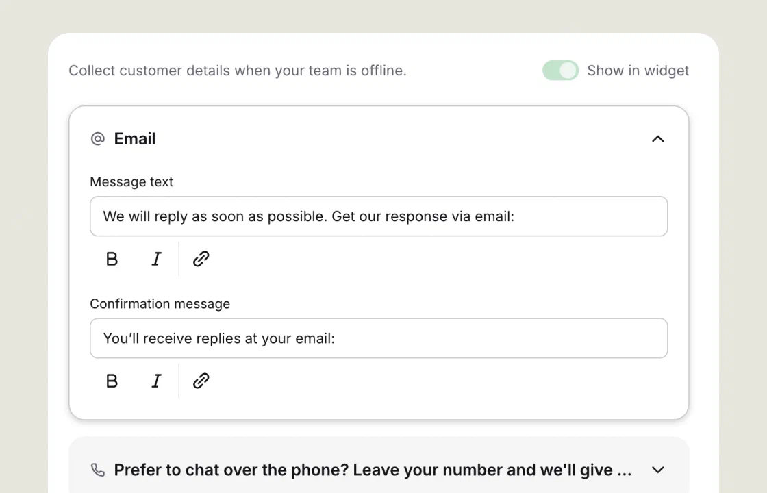 Text offline form settings that collect a customer's email when the team is offline and confirm that replies arrive by email