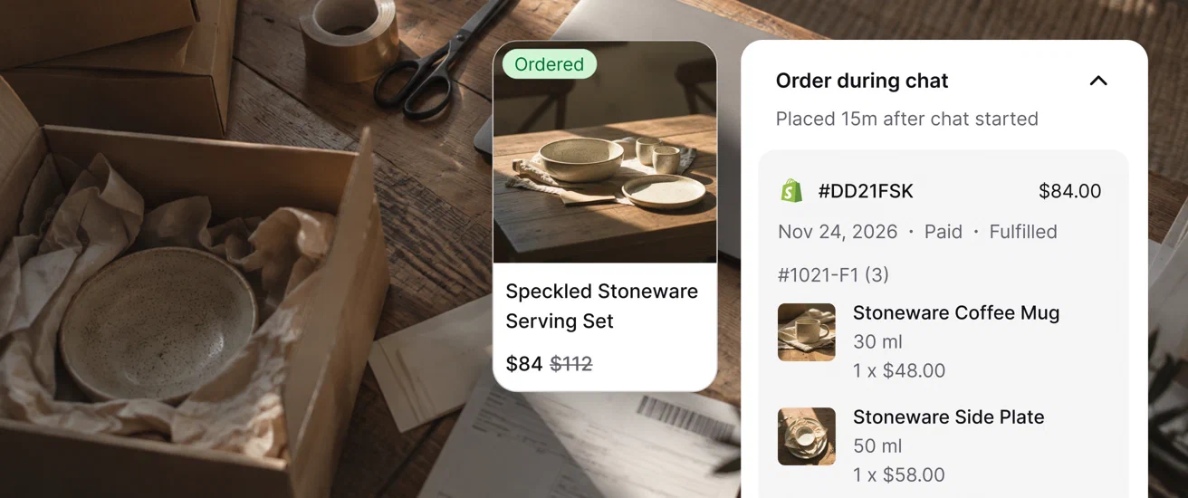 Text Order during chat card showing a Speckled Stoneware Serving Set sold for $84 and its paid, fulfilled Shopify order, next to a parcel being packed
