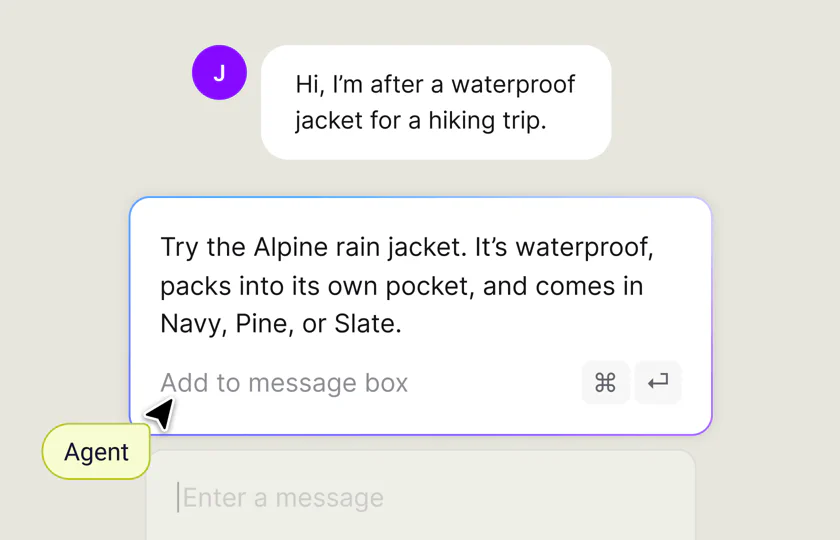 Suggested reply helping a customer choose a waterproof jacket
