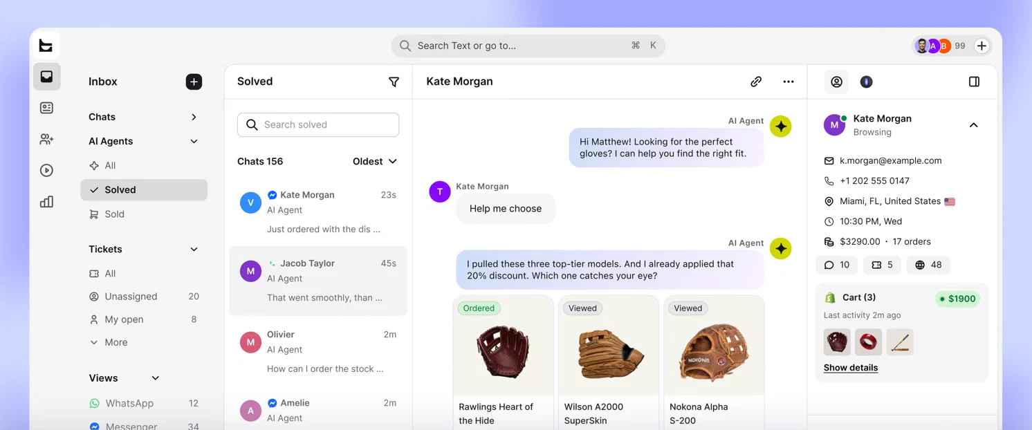 Text chat inbox showing a customer conversation, product recommendations, and customer details