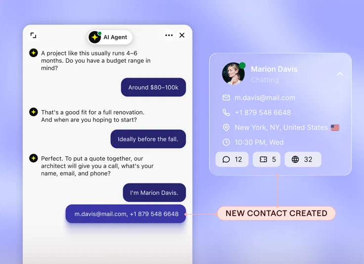 AI Agent qualifying a lead and creating a new contact for Marion Davis