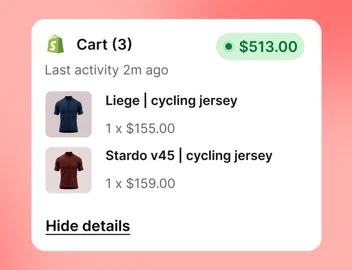 Live cart preview with three cycling jerseys totalling $513