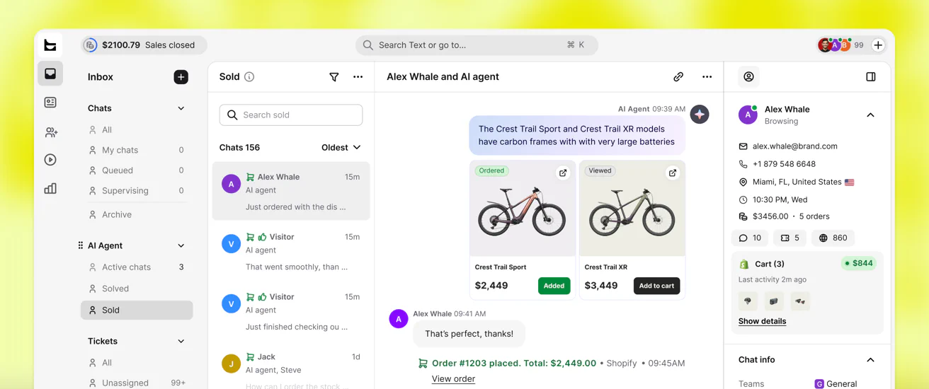 Text Inbox with a customer chat and order details from a connected store