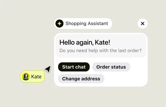 Shopping Assistant chat greeting a returning customer with quick actions