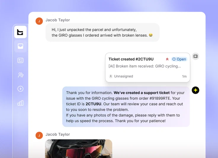 AI Agent creating support ticket #2CTU9U from a chat about a damaged parcel