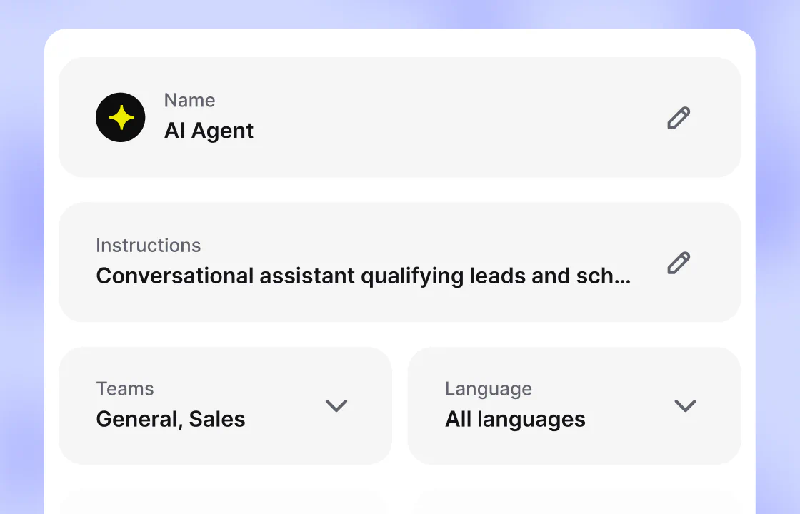 Text AI Agent settings with its name, instructions for qualifying leads, assigned teams, and language set to all languages