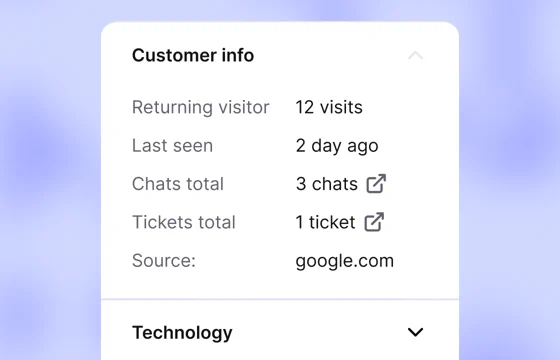 Text customer info card for a returning visitor with 12 visits, 3 chats, 1 ticket, and google.com as the source