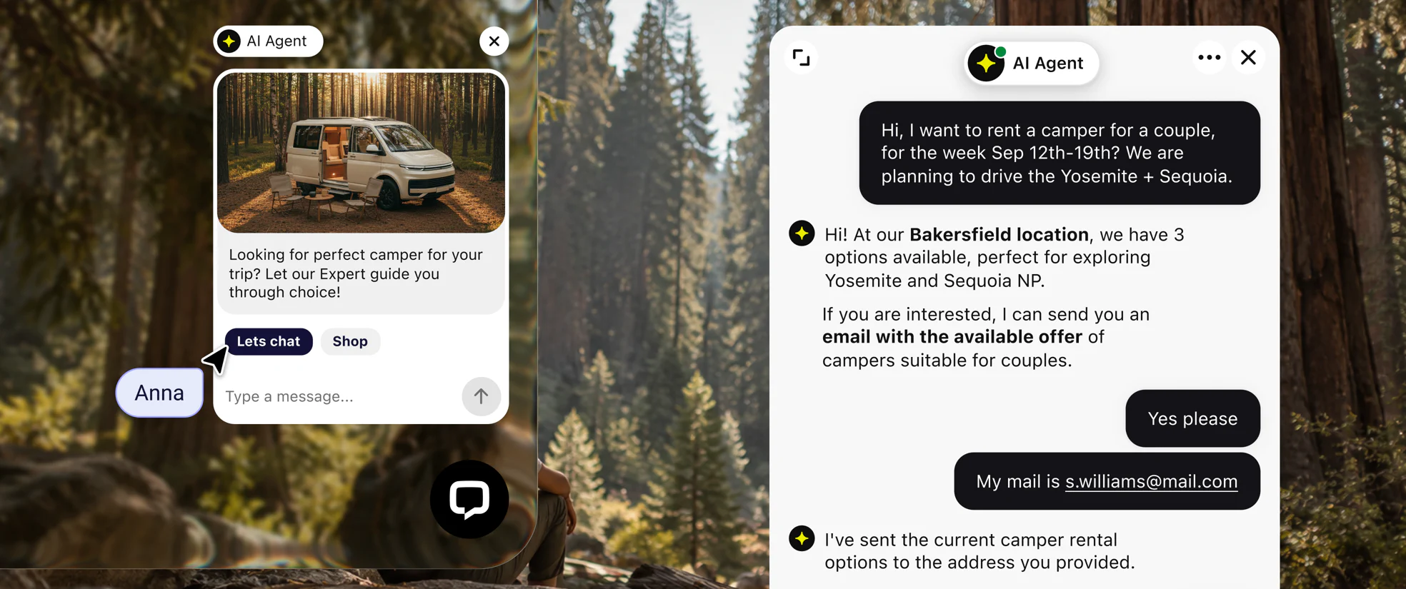 Text AI Agent greeting a visitor with a camper rental offer, answering their trip question in the chat widget, and emailing them the rental options