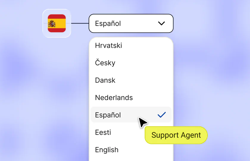 Text AI Agent language picker with Español selected, so the chatbot answers visitors in Spanish