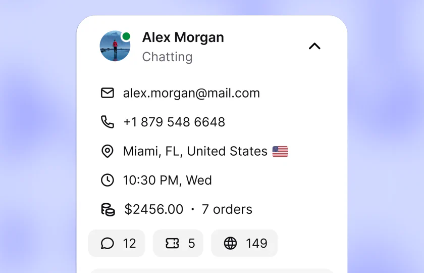Text customer profile of a chatting visitor, with email address, phone number, location, local time, order total, and chat count