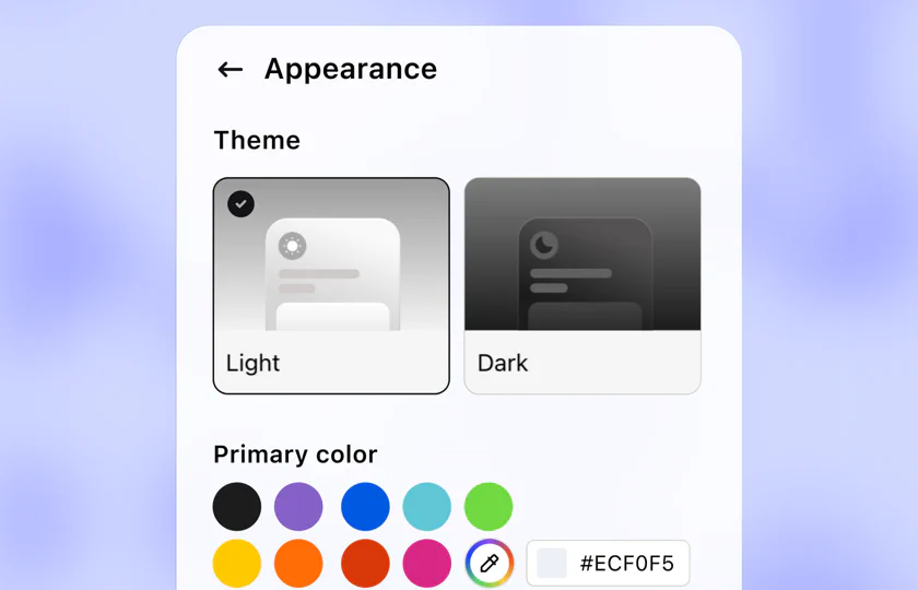 Text chat widget appearance settings with light and dark themes and primary color options