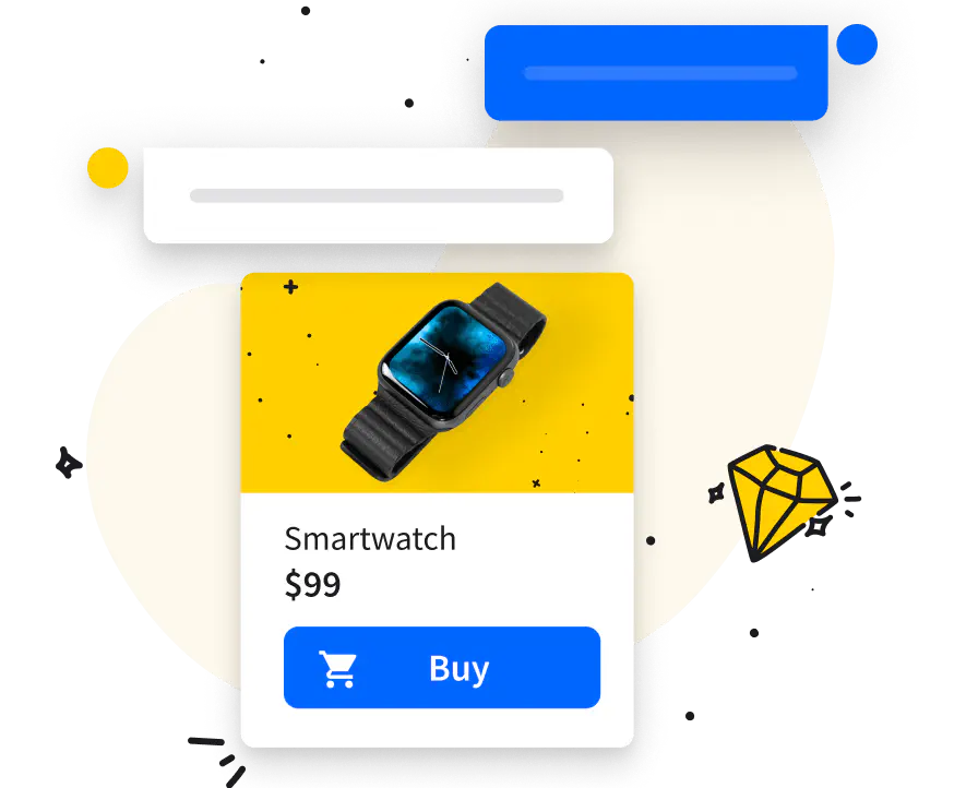 smartwatch ecommerce web offer with buy button for 99$ by Livechat Rich Website Messages