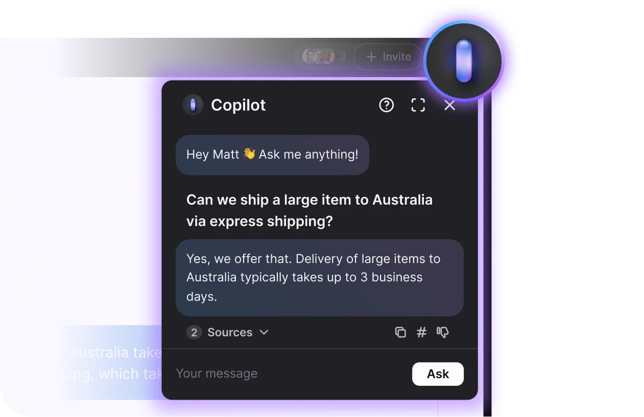 AI chat Copilot feature inside the LiveChat app assisting chat agents with answering questions to streamline customer support and improve efficiency
