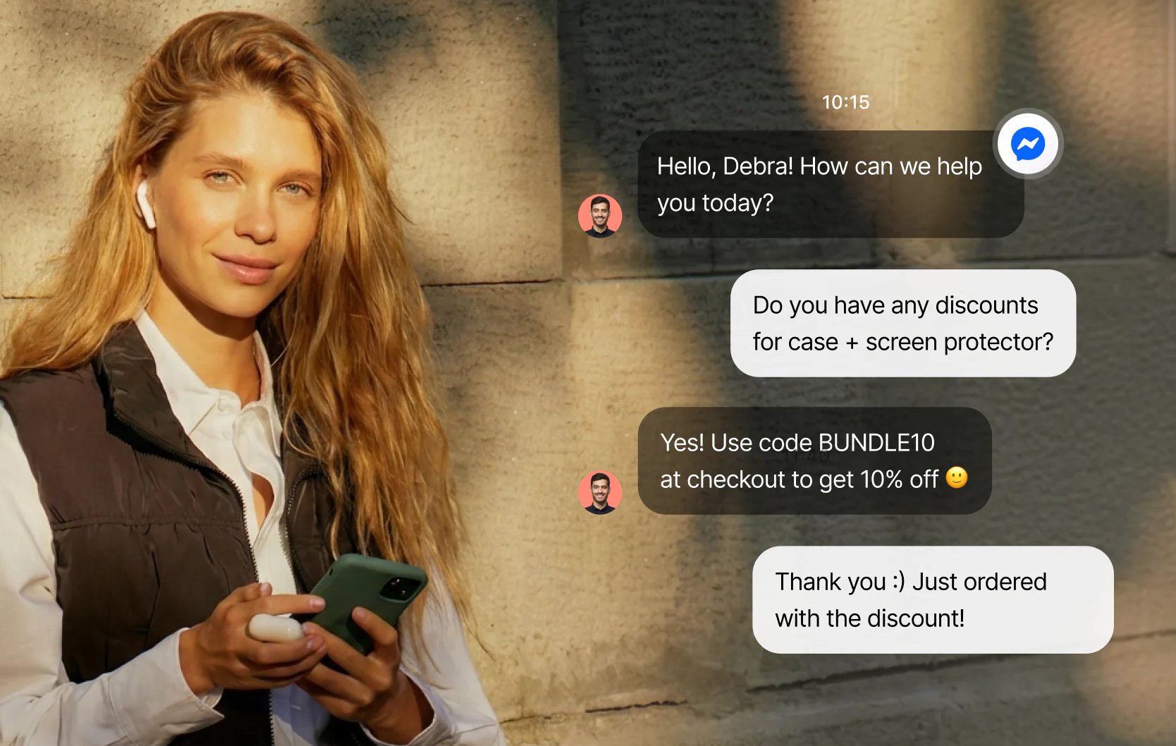 Customer on Messenger getting a discount code and completing a purchase