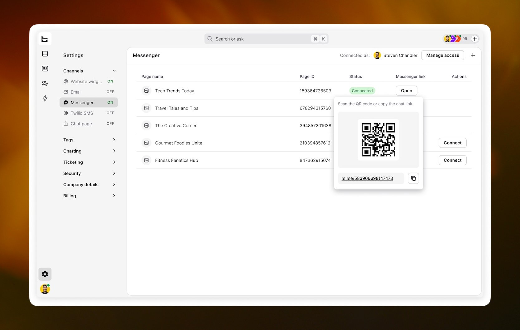 Text Messenger settings dashboard showing connected Facebook pages and Messenger chat link management. A QR code popup allows users to scan or copy a Messenger chat link, while the main table displays page names, IDs, connection status, and actions such as Open and Connect. The interface includes a sidebar for channel settings with Messenger enabled.