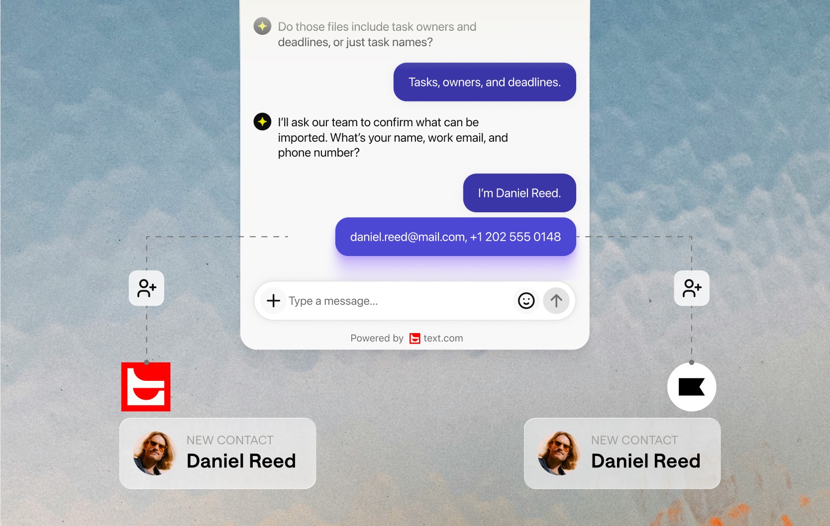 Contact details shared in chat saved as a new contact in Text and in Klaviyo