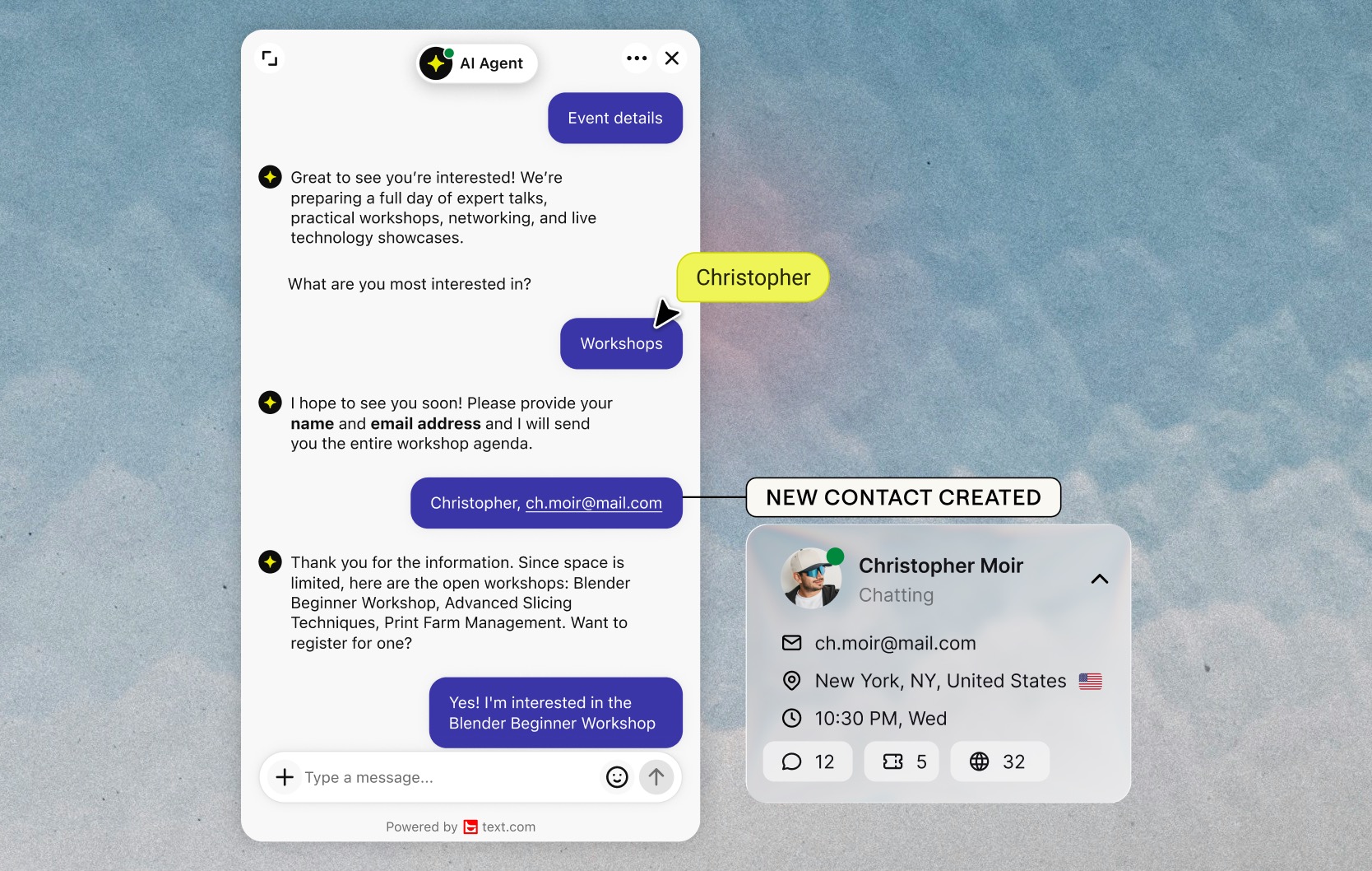 AI Agent collecting a name and email in chat and creating a new contact