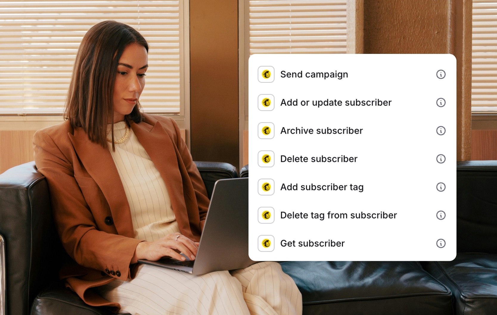 Mailchimp actions in a Text skill: send a campaign, add, update, archive or tag a subscriber