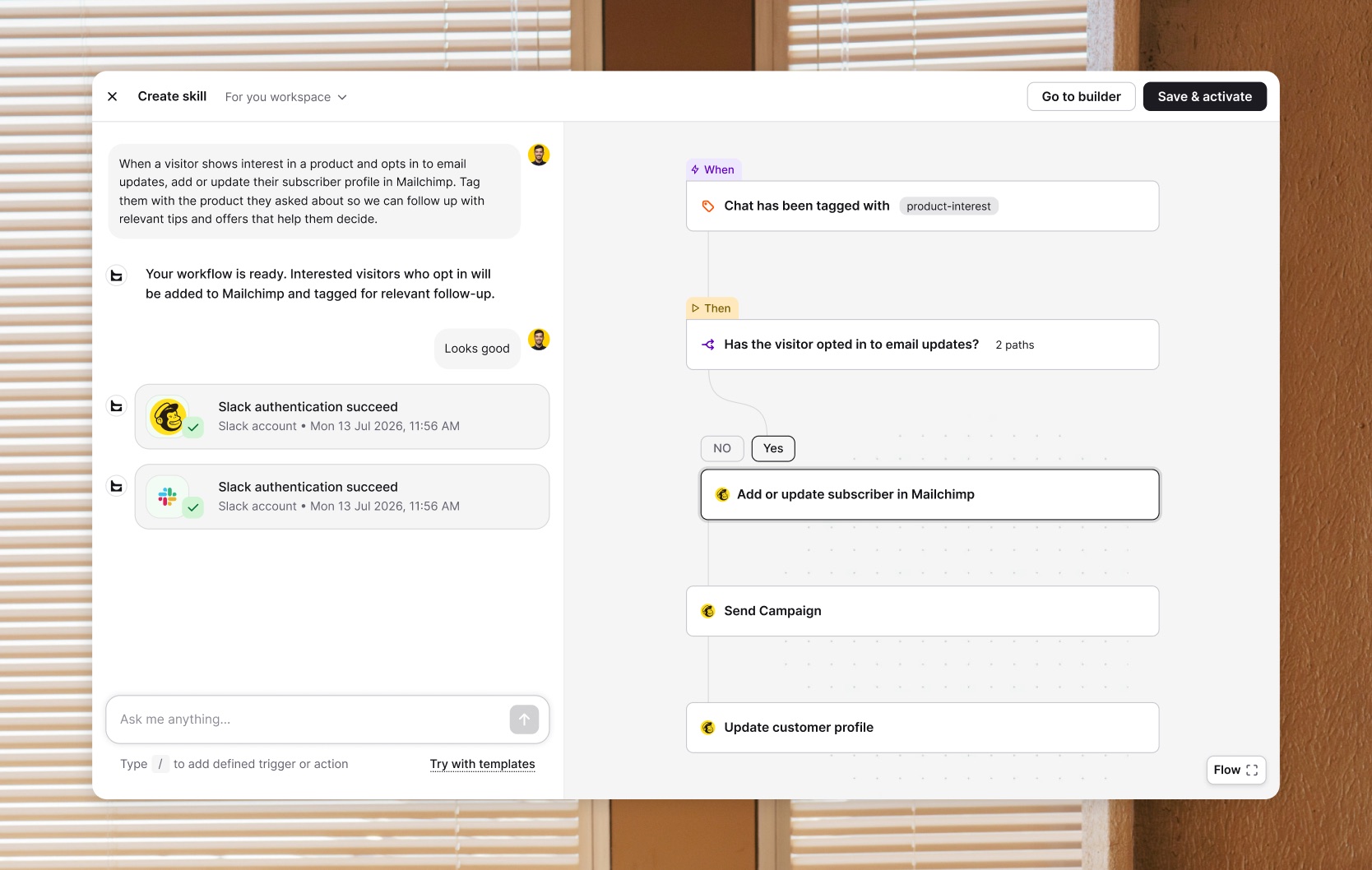 Skill builder creating a flow that adds an opted-in visitor to Mailchimp and sends a campaign