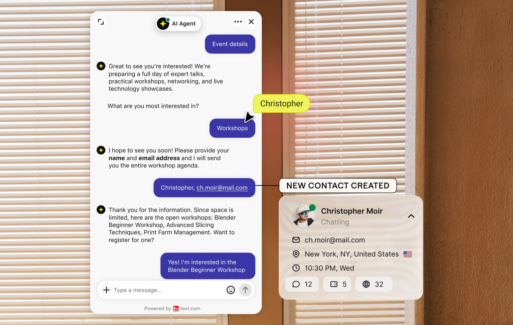 AI Agent collecting a name and email in chat and creating a new contact