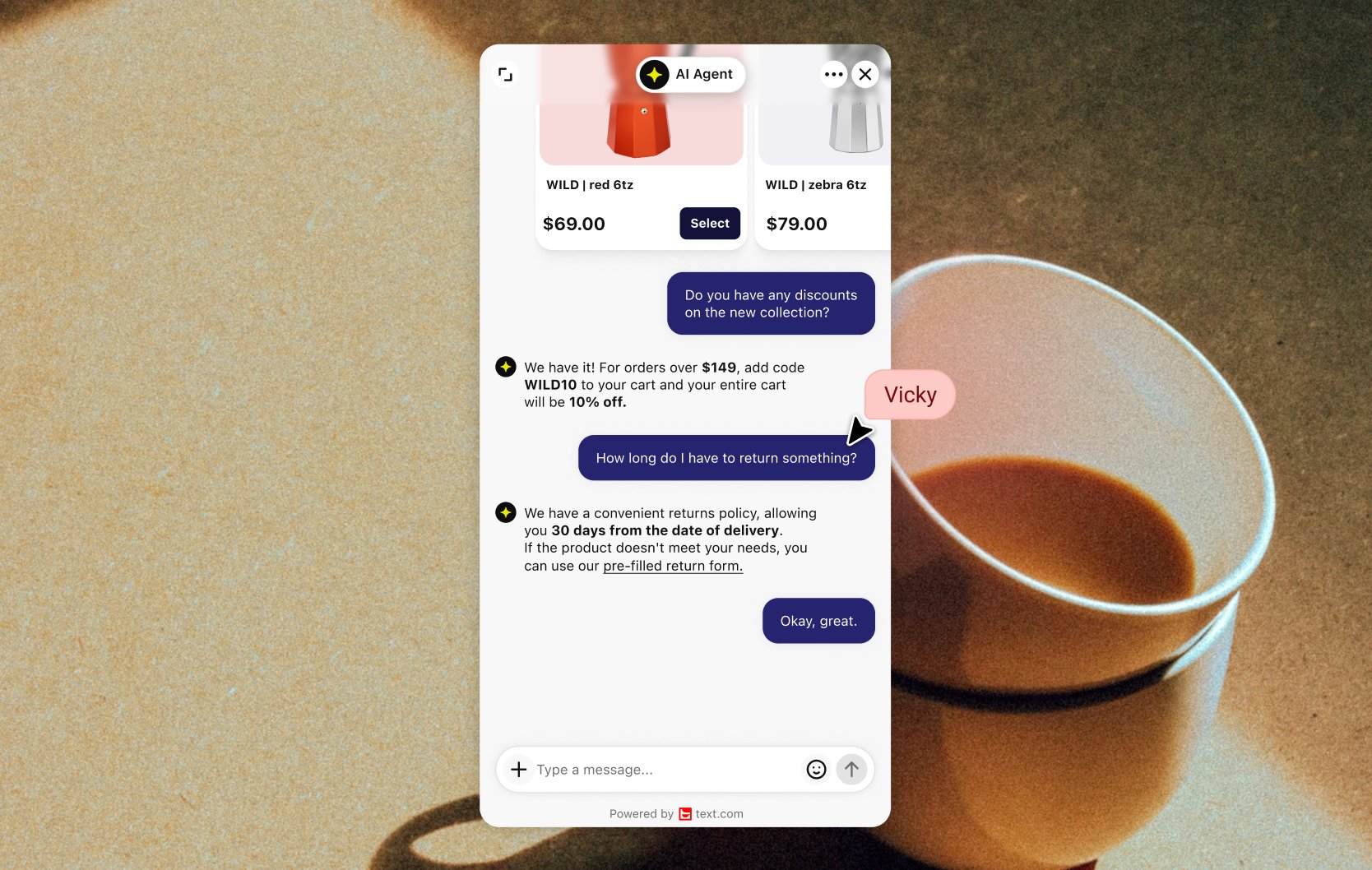 Product details and add to cart in chat on a Swell site