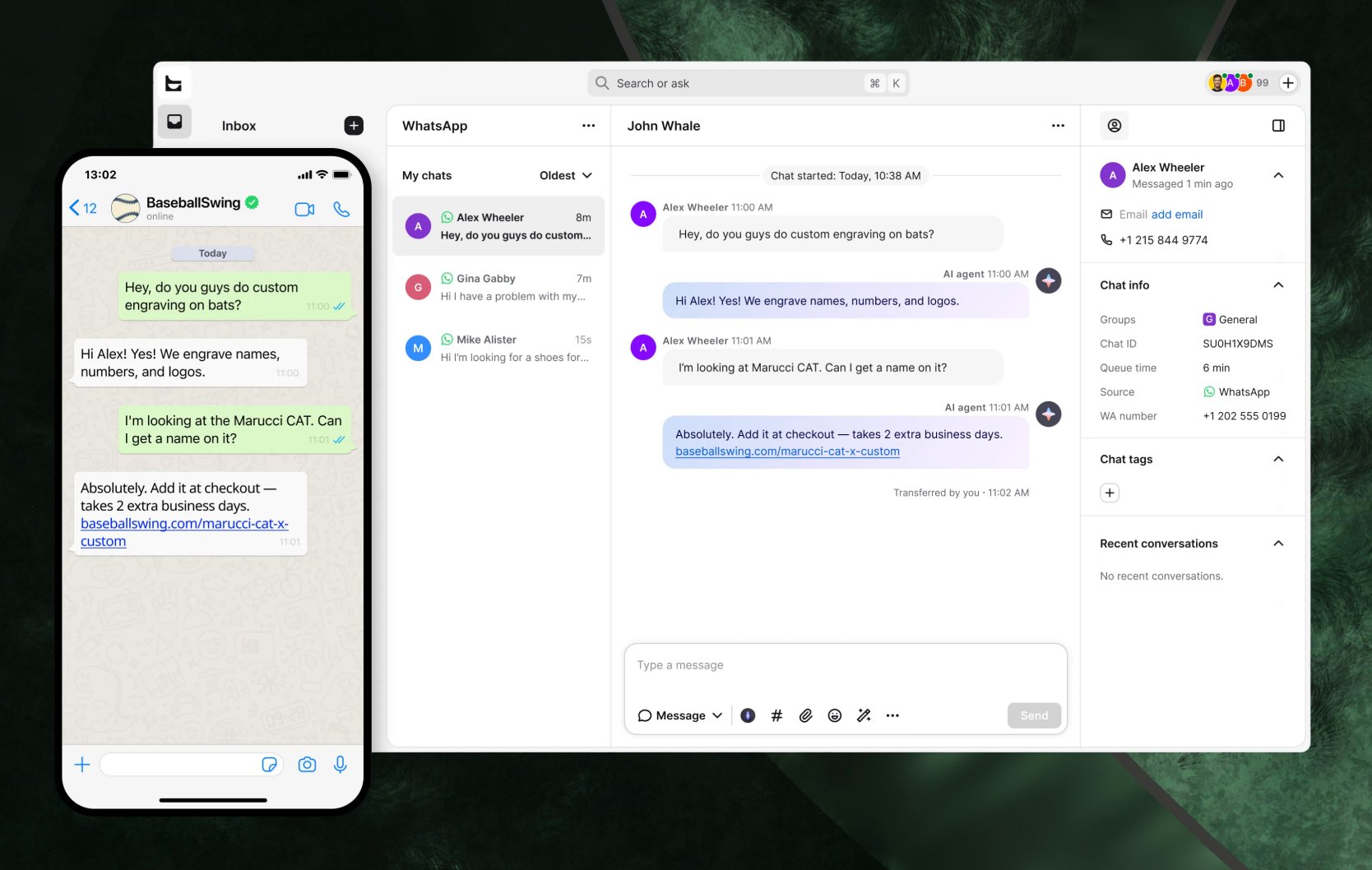 Side-by-side view of a WhatsApp customer conversation and the same chat as it appears in the Text inbox for agents.