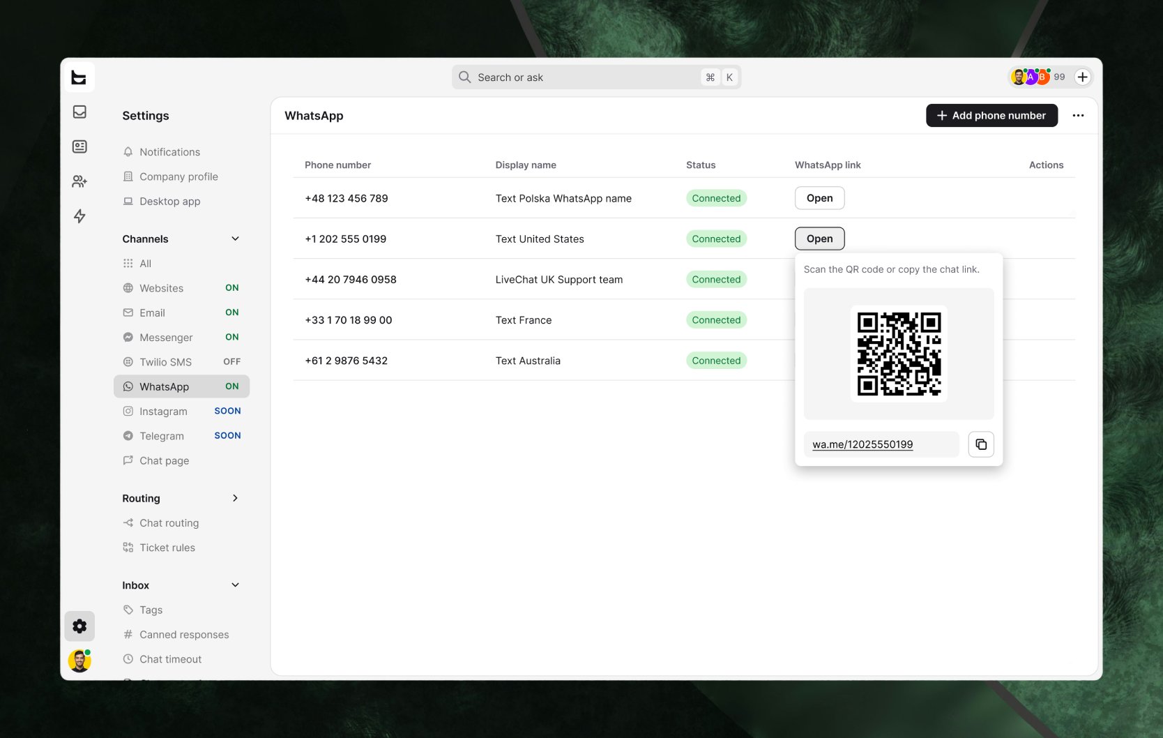 Screenshot of the WhatsApp Integration QR code in Text settings, showing a QR code for a connected phone number to share with your customers