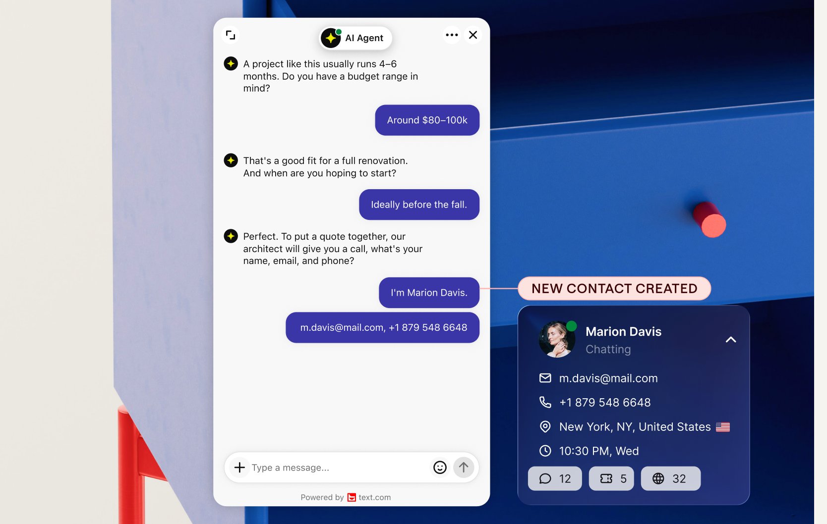 New contact created from the conversation on a WordPress site