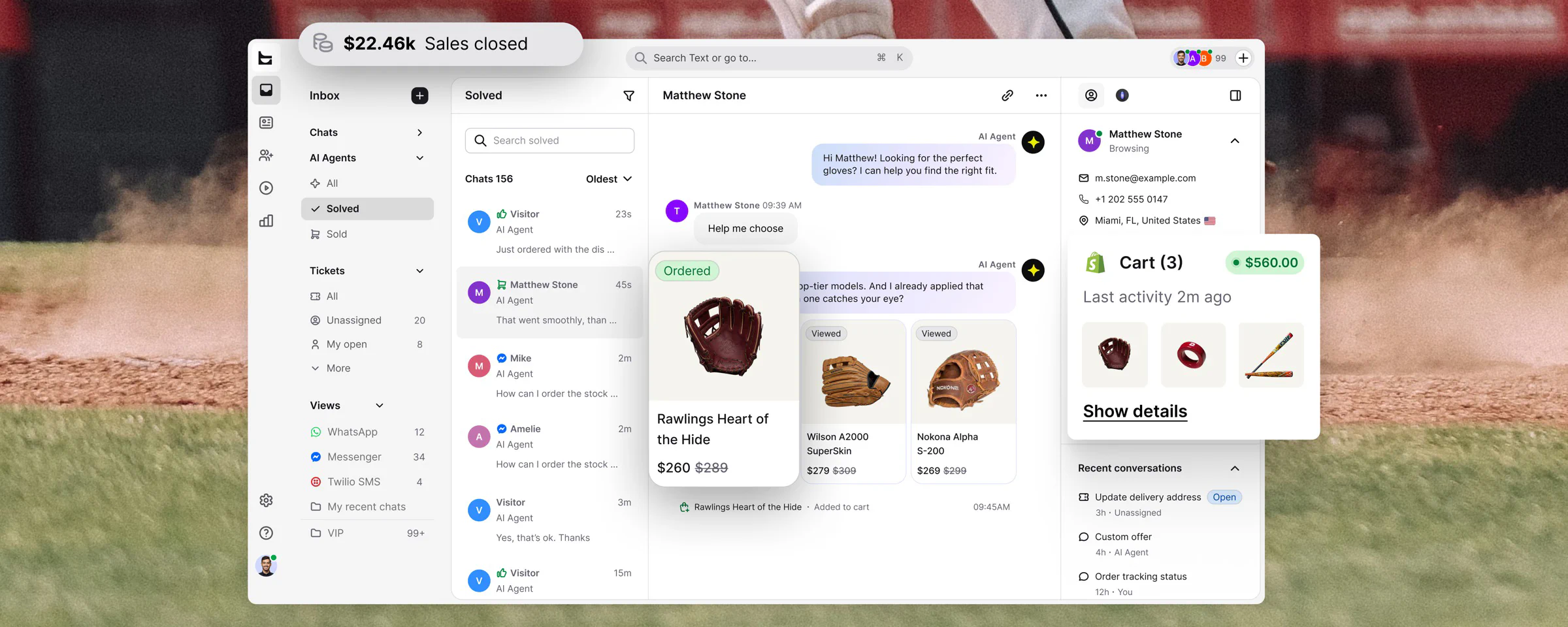 Text inbox connecting a customer conversation with product recommendations, cart details and sales revenue