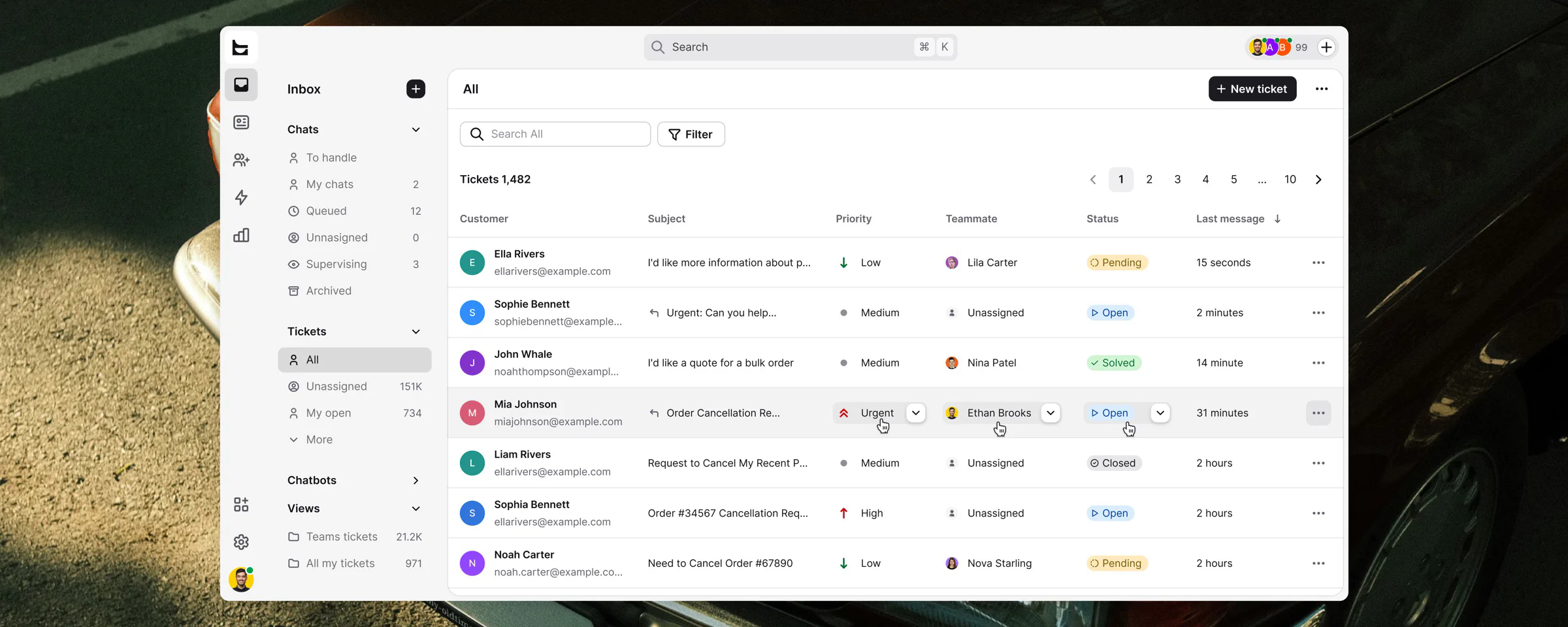 Text ticket inbox showing customer requests, priorities, owners and statuses