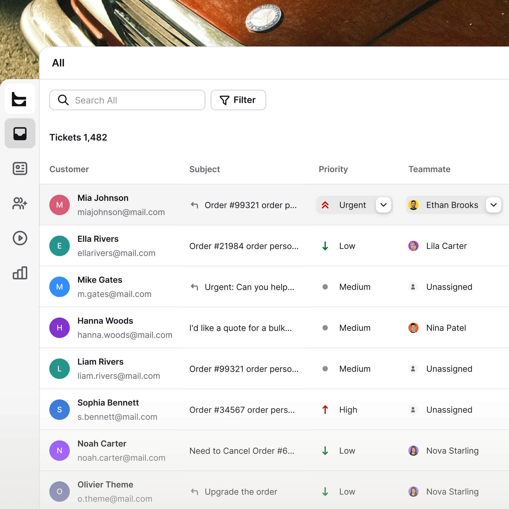 Text ticket inbox carrying customer requests and priorities