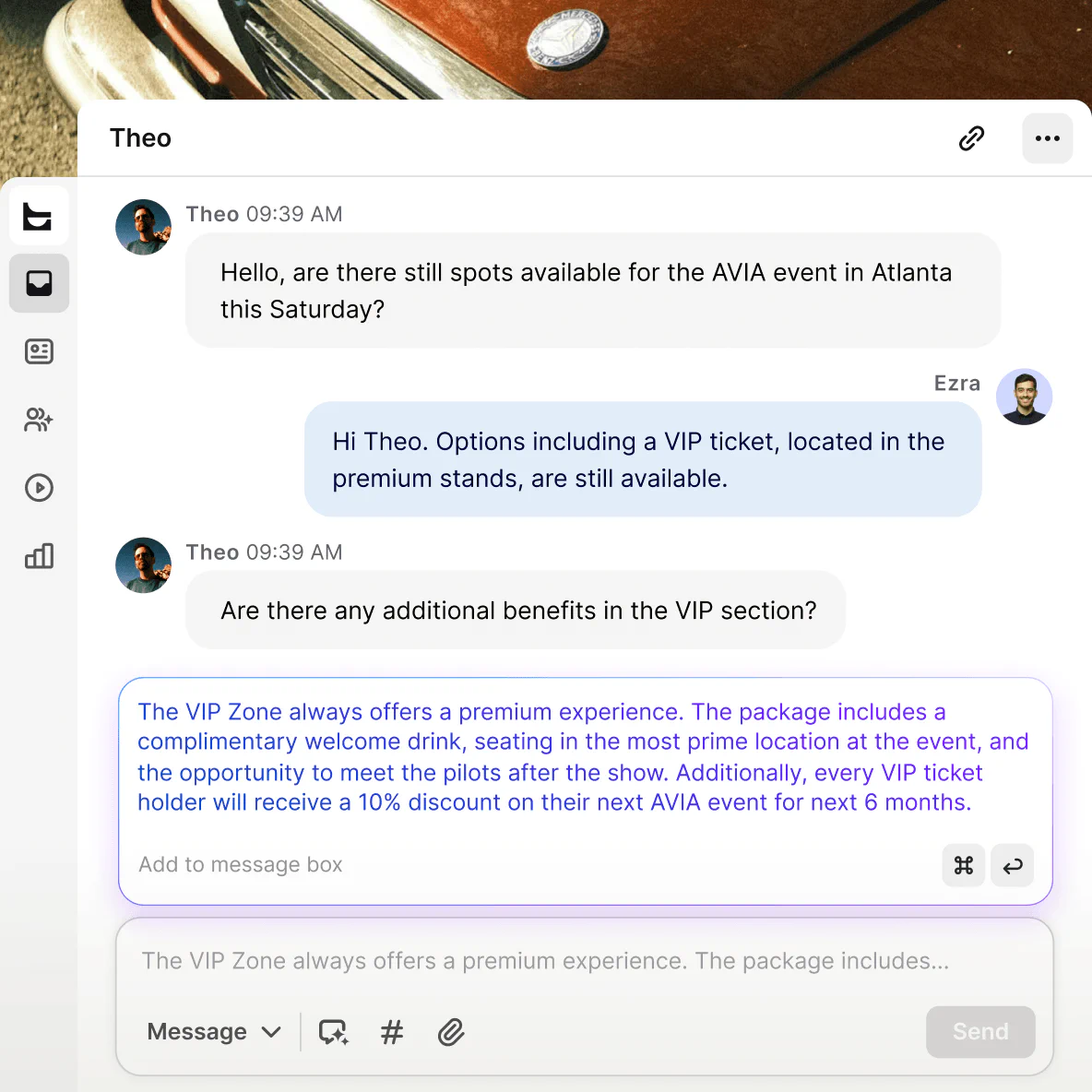 Text inbox showing an active customer conversation