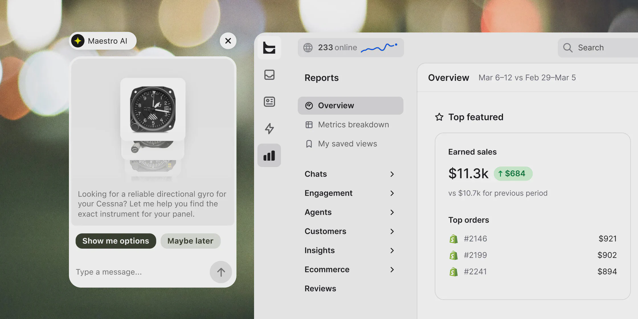 AI Agent conversation next to a Text report showing earned sales