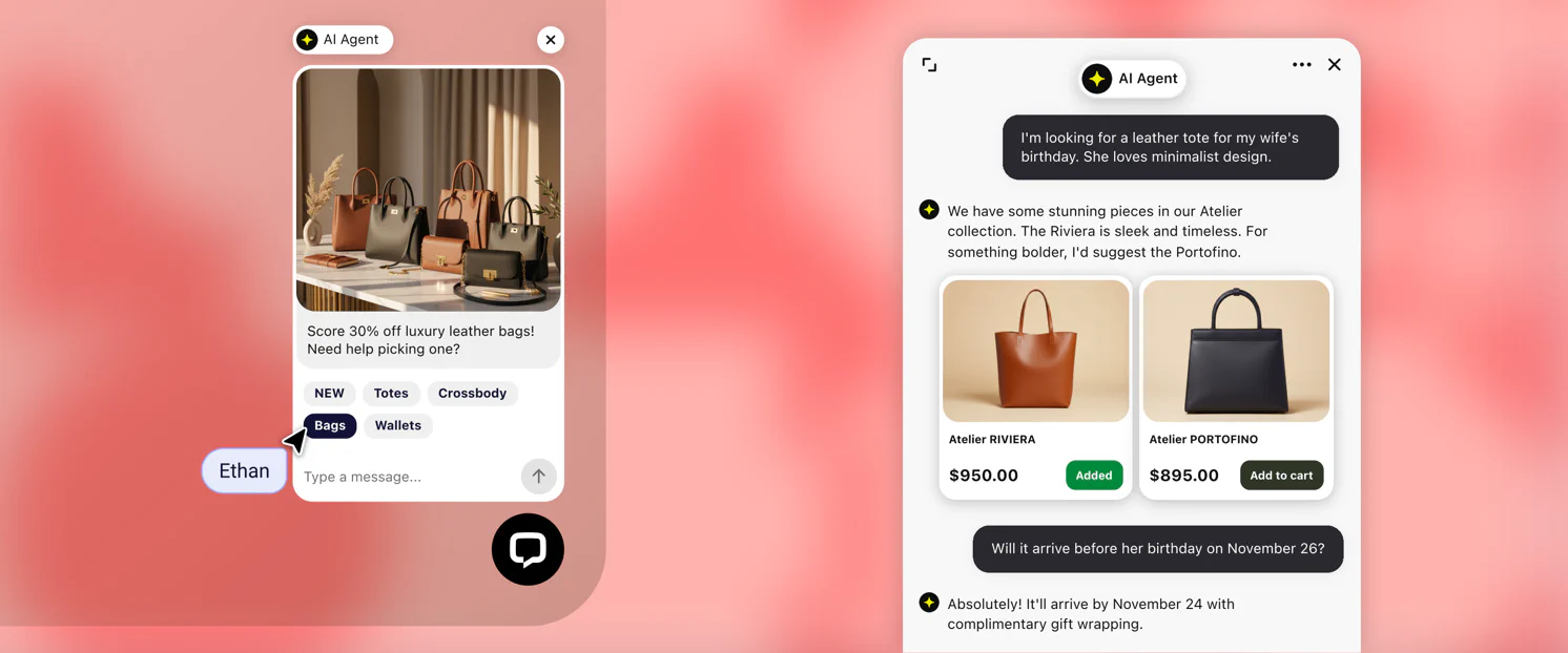 AI Agent chatting with shoppers: confirming a leather tote will arrive before a birthday, and offering Matthew Stone three gloves with a 20% discount