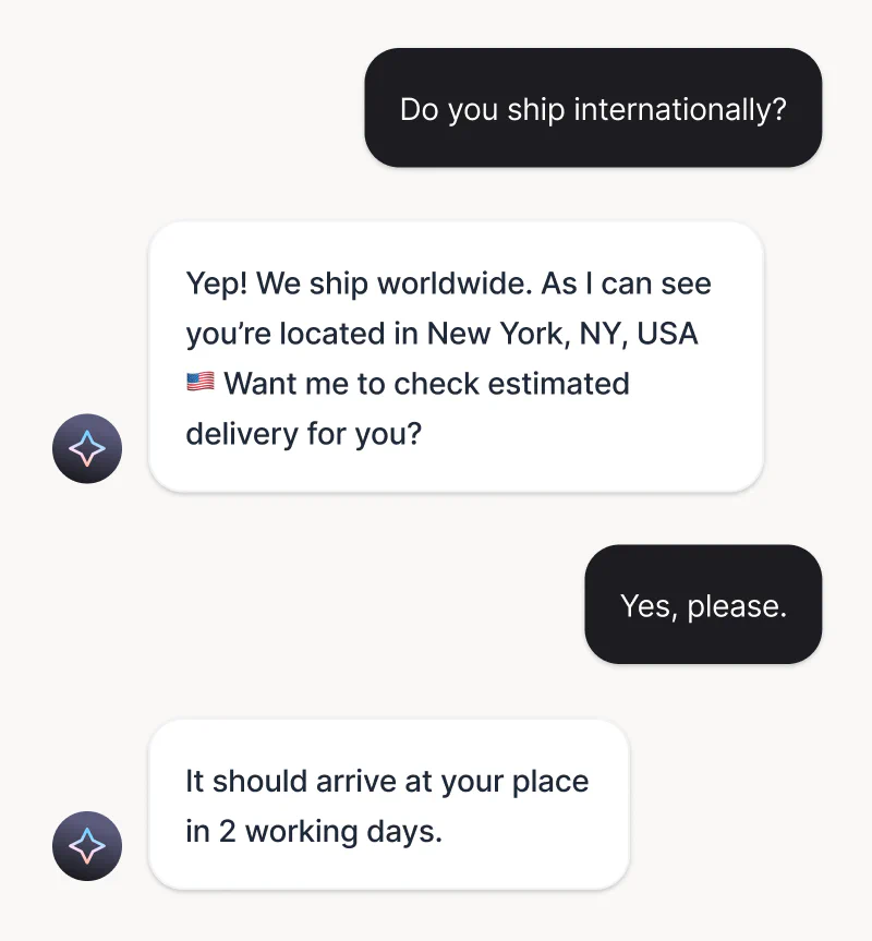 AI agent answering a shipping question using the customer's location and confirming the delivery time