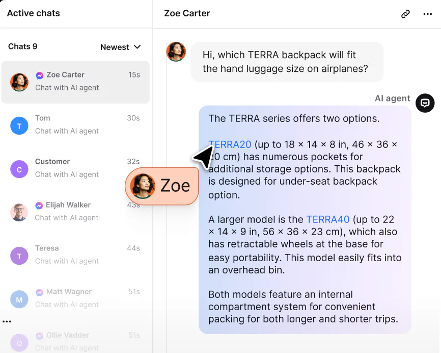 Inbox with conversations from website chat and messaging channels in one queue
