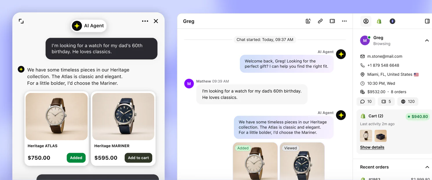 AI Agent recommending two watches with Added and Add to cart buttons, beside the agent’s view of the same chat with the customer’s profile and cart
